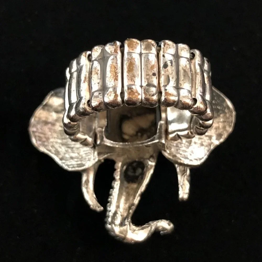 Silver Tone Boho Elephant Stretch Ring Trunk Up‎